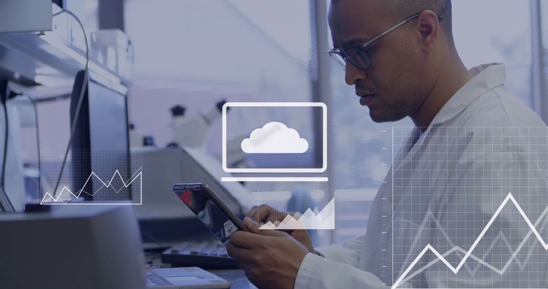 Scientist Using Tablet for Cloud Data Analysis in Lab
