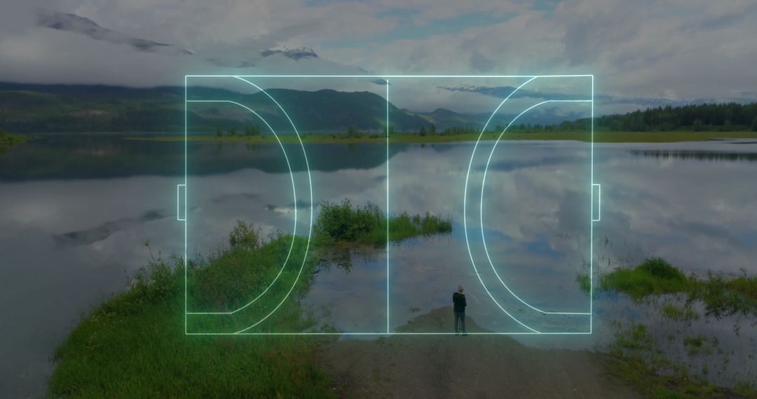 Tranquil Wilderness with Neon Overlay and Mountains