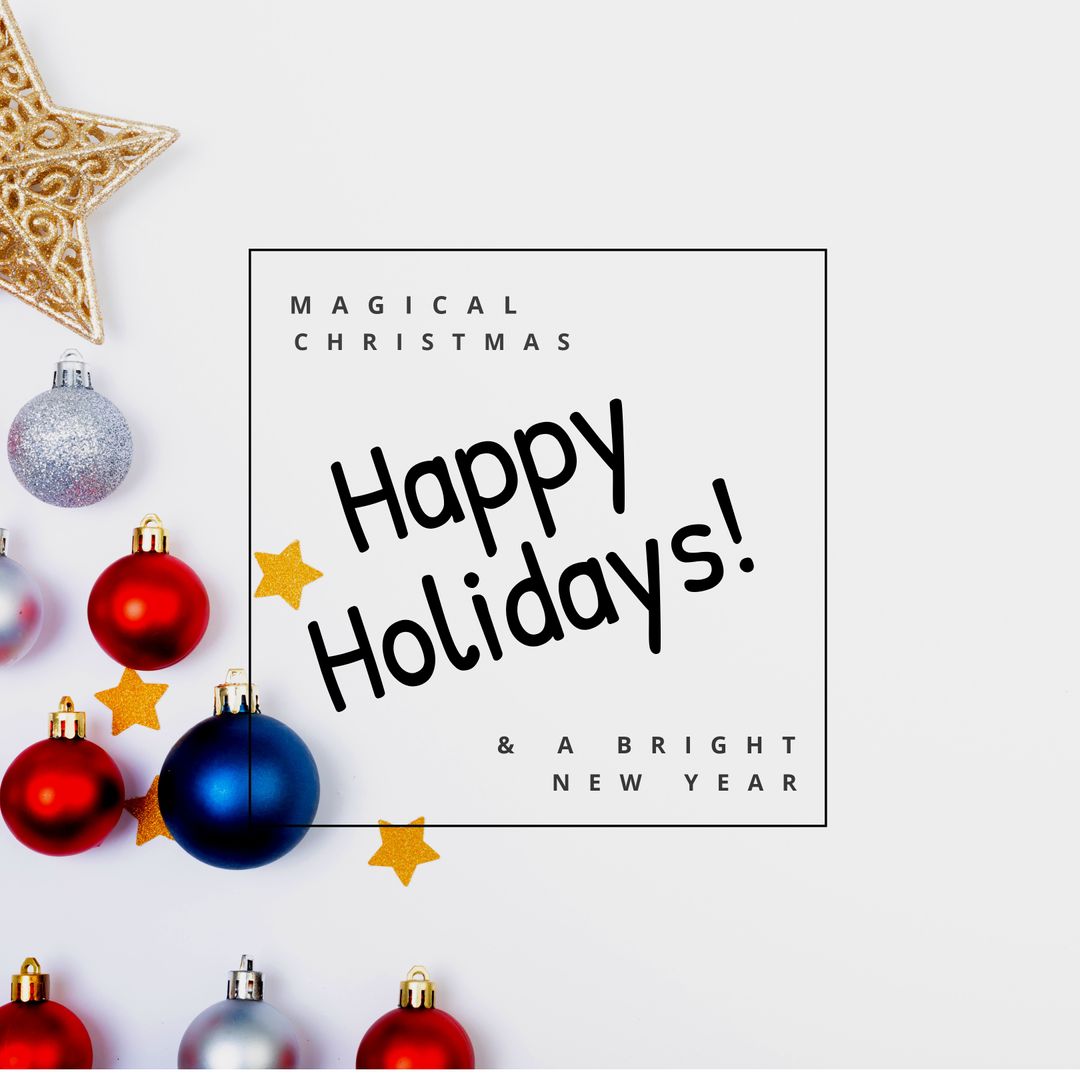 Festive Holiday Greetings with Christmas Baubles and Stars