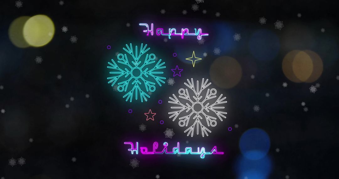 Neon Happy Holidays Text with Snowflakes and Stars