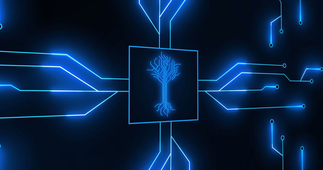 Digital Circuit Tree on Black Background Illustrating Technology Concepts