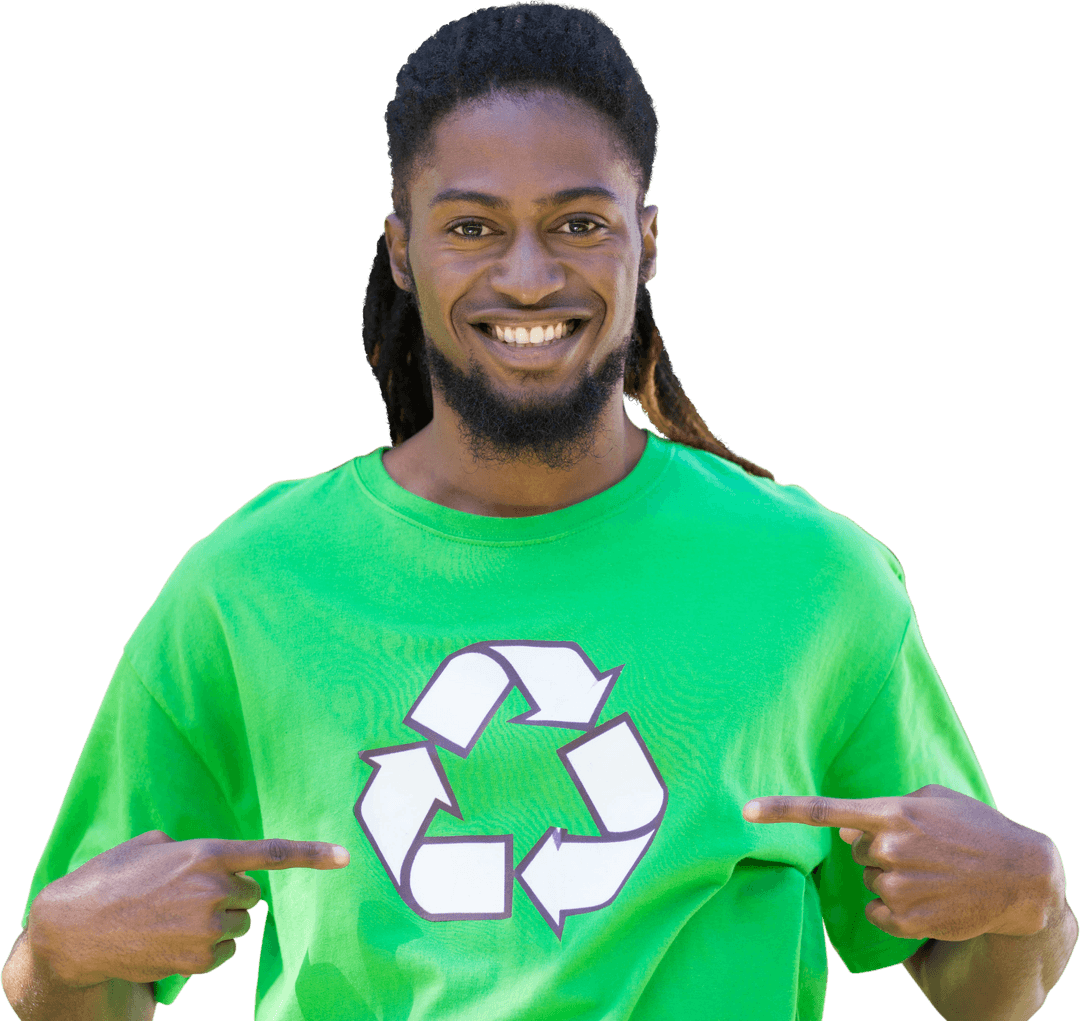 Smiling Eco Activist Promoting Recycling in Transparent Outfit