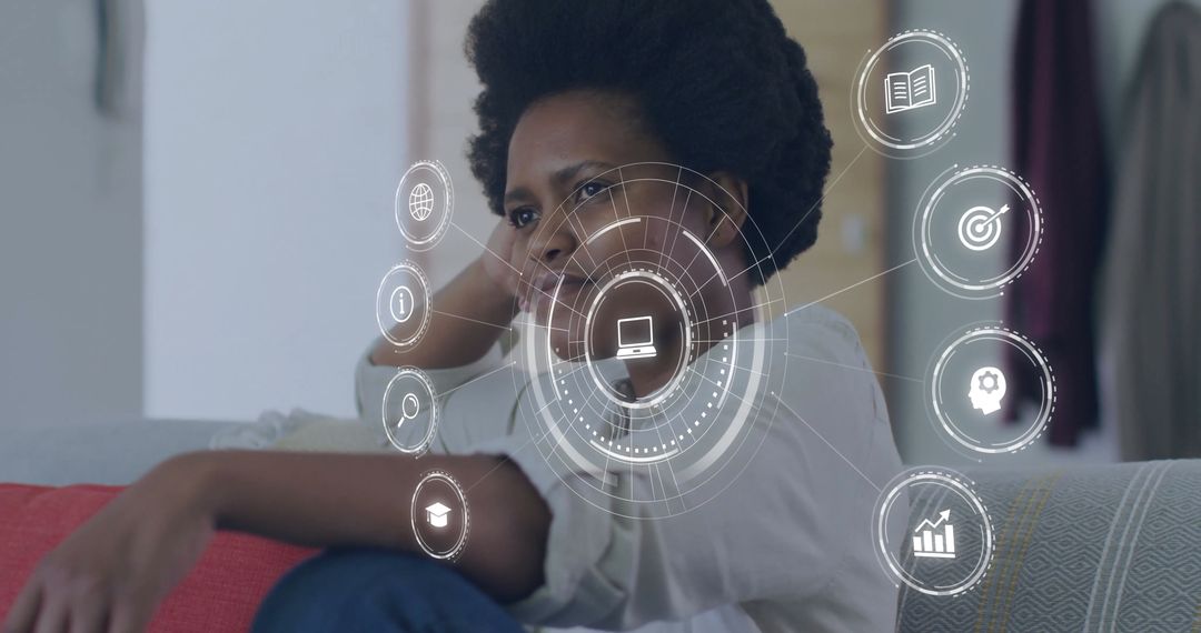 Woman Interacting with Futuristic Digital Technology Interface at Home