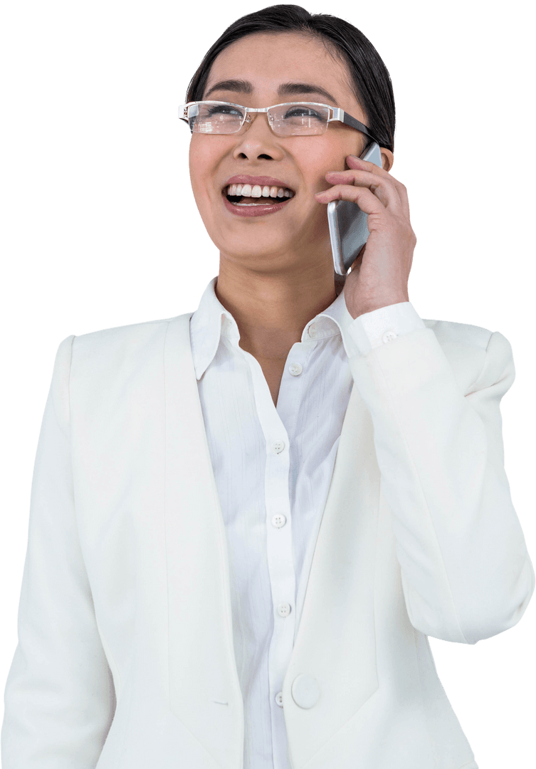 Smiling Businesswoman in White Using Smartphone Transparent Background