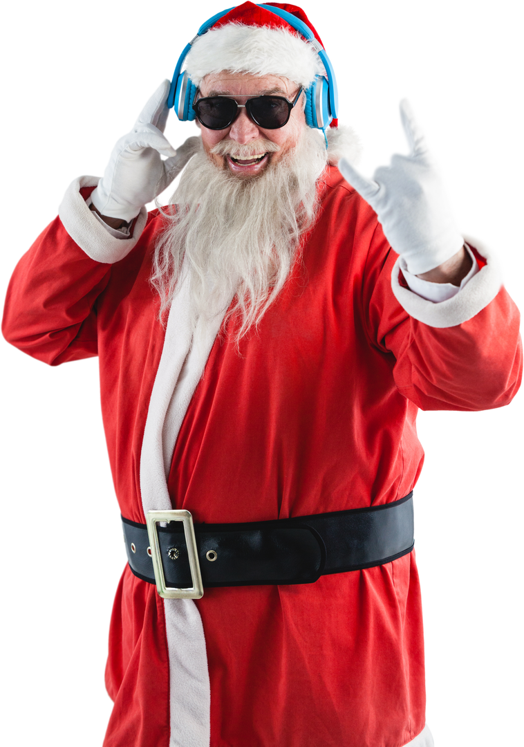 Transparent Cheerful Santa Claus Listening to Music on Headphones and Showing Rock Hand Sign - Download Free Stock Images Pikwizard.com