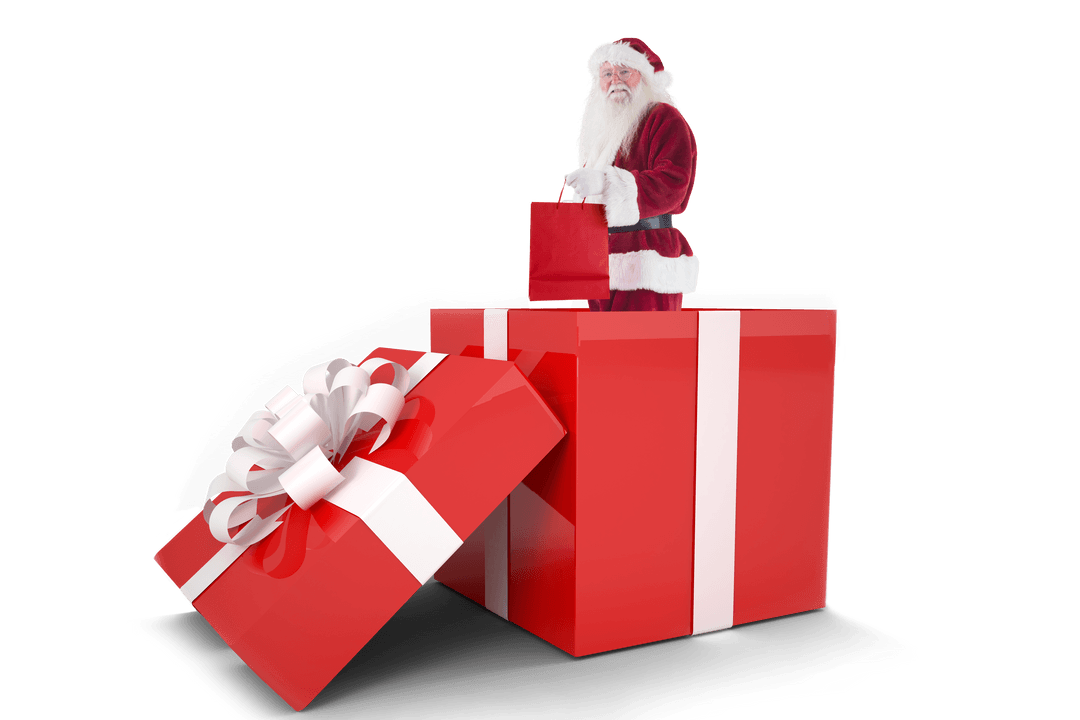 Santa Inside Large Red Gift Box on Transparent Background