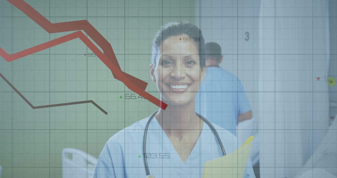Smiling Doctor with Data Visualization Overlay in Hospital