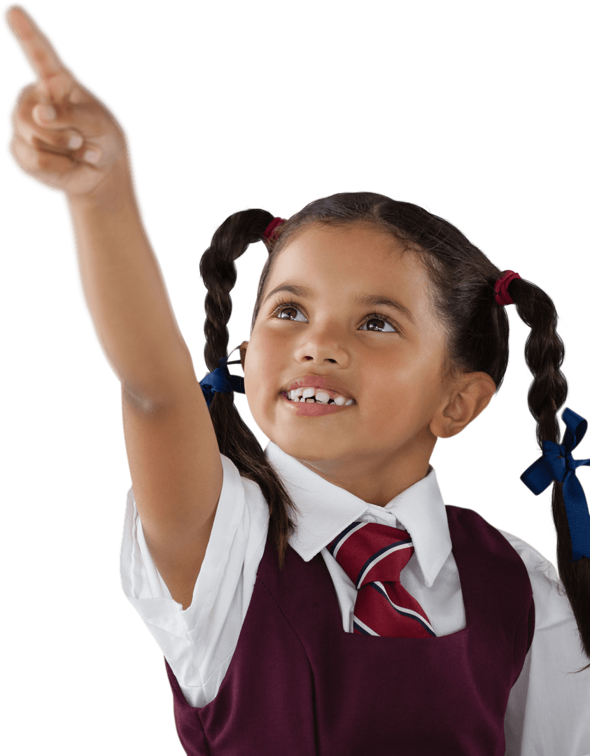 Happy Biracial Schoolgirl Pointing on Transparent Background