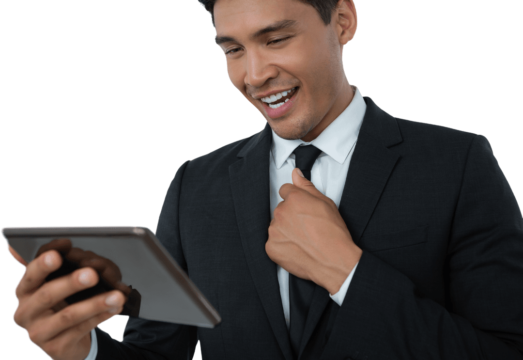 Transparent Businessman Using Tablet Cheerfully While Wearing Suit