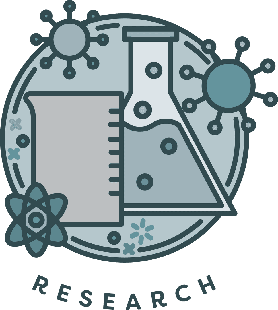Science Research Icons with Beakers on Transparent Background
