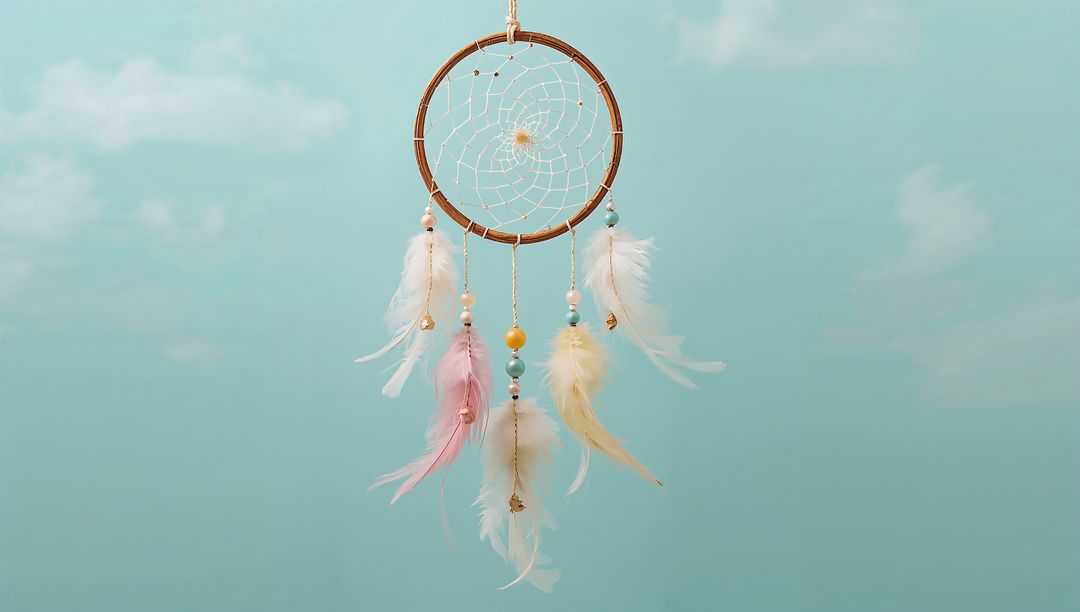 Ethereal Dreamcatcher Tapestry with Feathers against Turquoise Sky