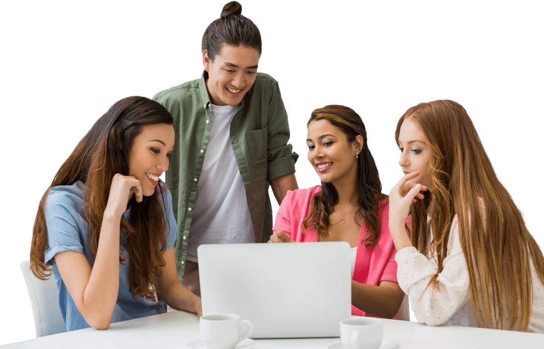 Transparent Group Discussing Project Around Laptop in Office