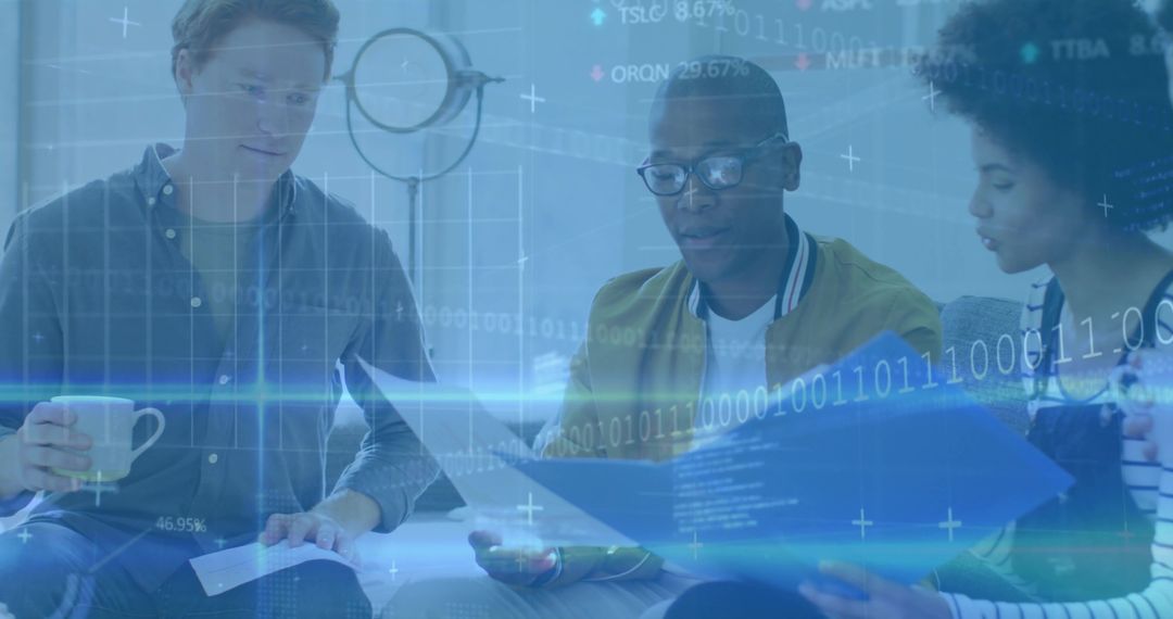 Team Collaboration with Digital Data Overlay in Modern Workspace