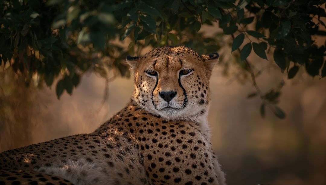 Cheetah Camouflaged Under Tree Canopy in Natural Habitat