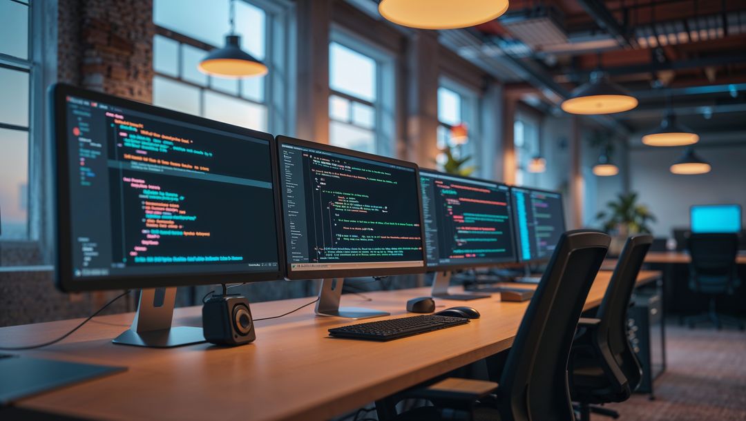 Modern technology workspace with multiscreen code displays for website designs
