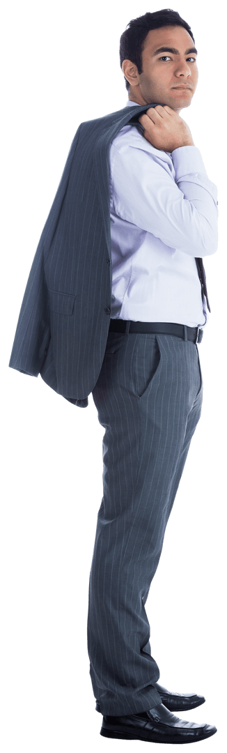 Confident Businessman Standing with Jacket on Shoulder on Transparent Background