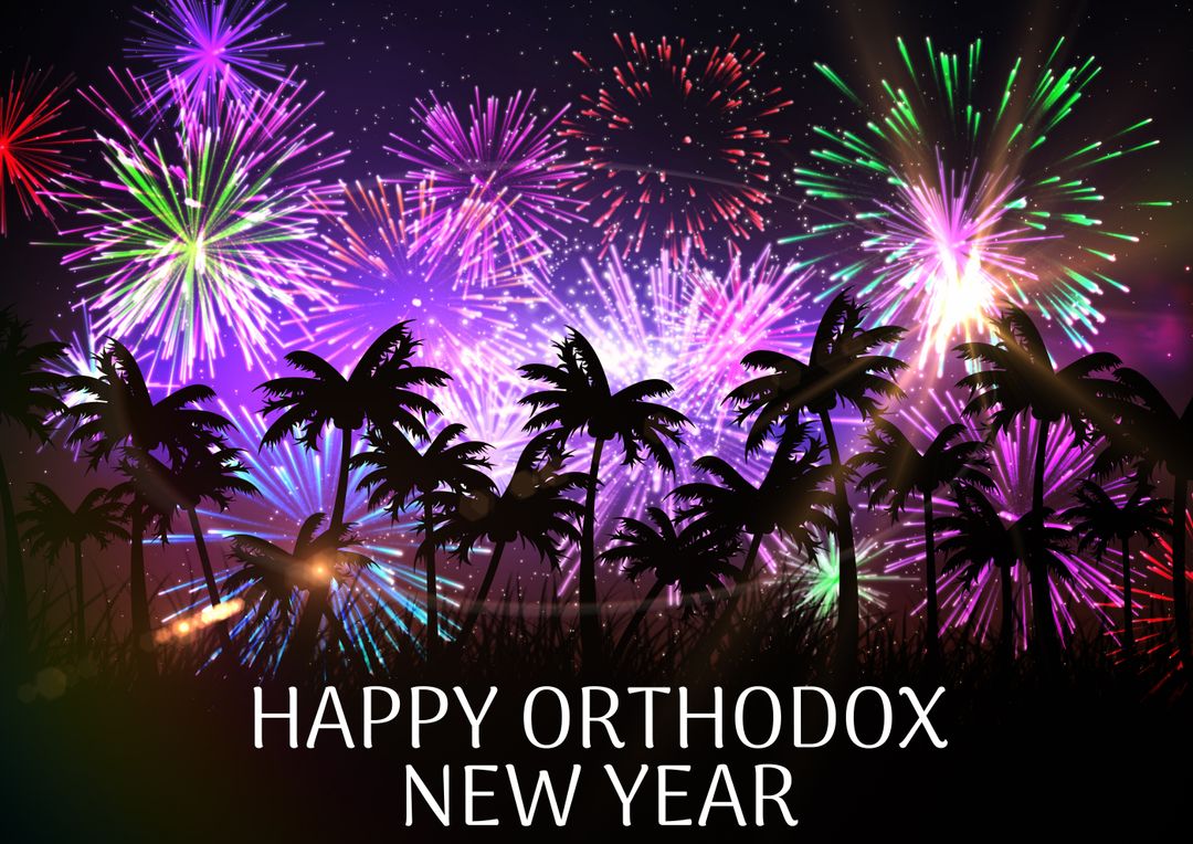 Composition of happy orthodox new year text and colorful fireworks display over palm trees at night - Free Images, Stock Photos and Pictures on Pikwizard.com