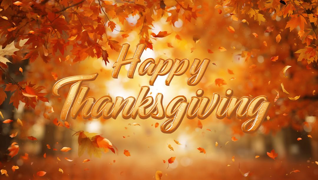 Glowing Golden Happy Thanksgiving Script Floating Above Autumn Park With Falling Leaves