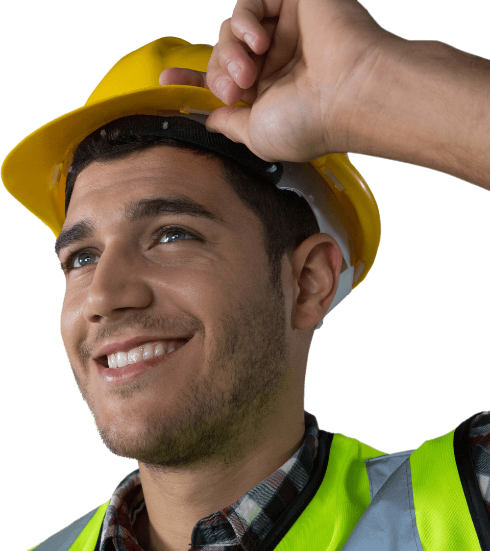 Transparent Smiling Male Worker Adjusting Helmet