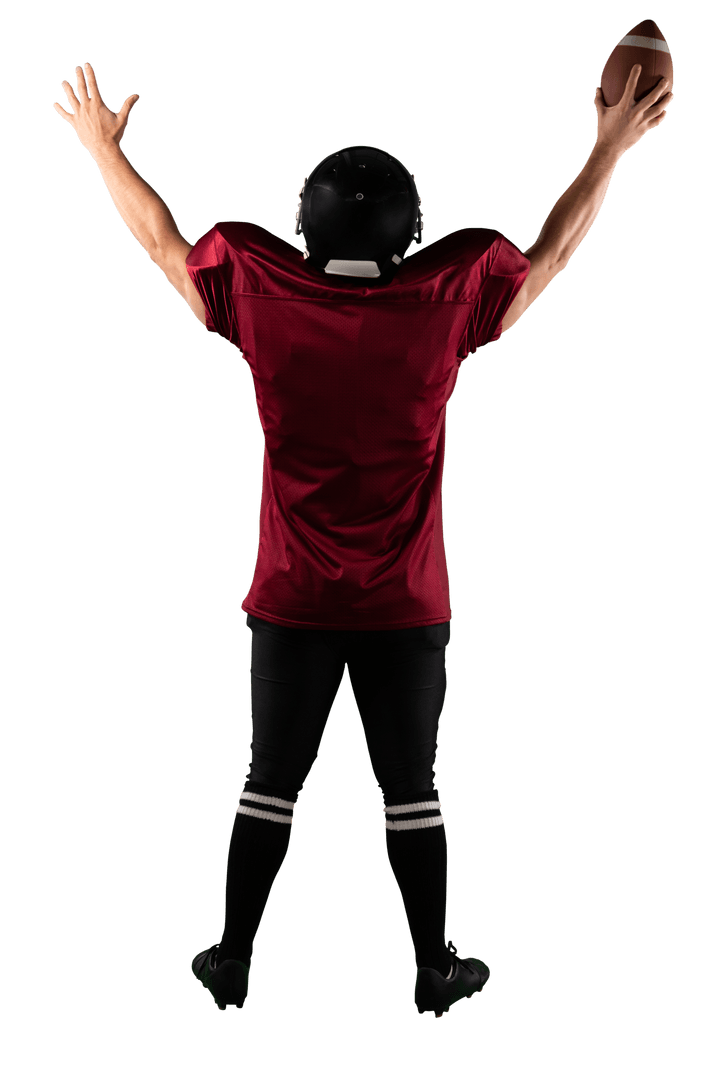 Back View of American Football Player Holding Ball on Transparent Background