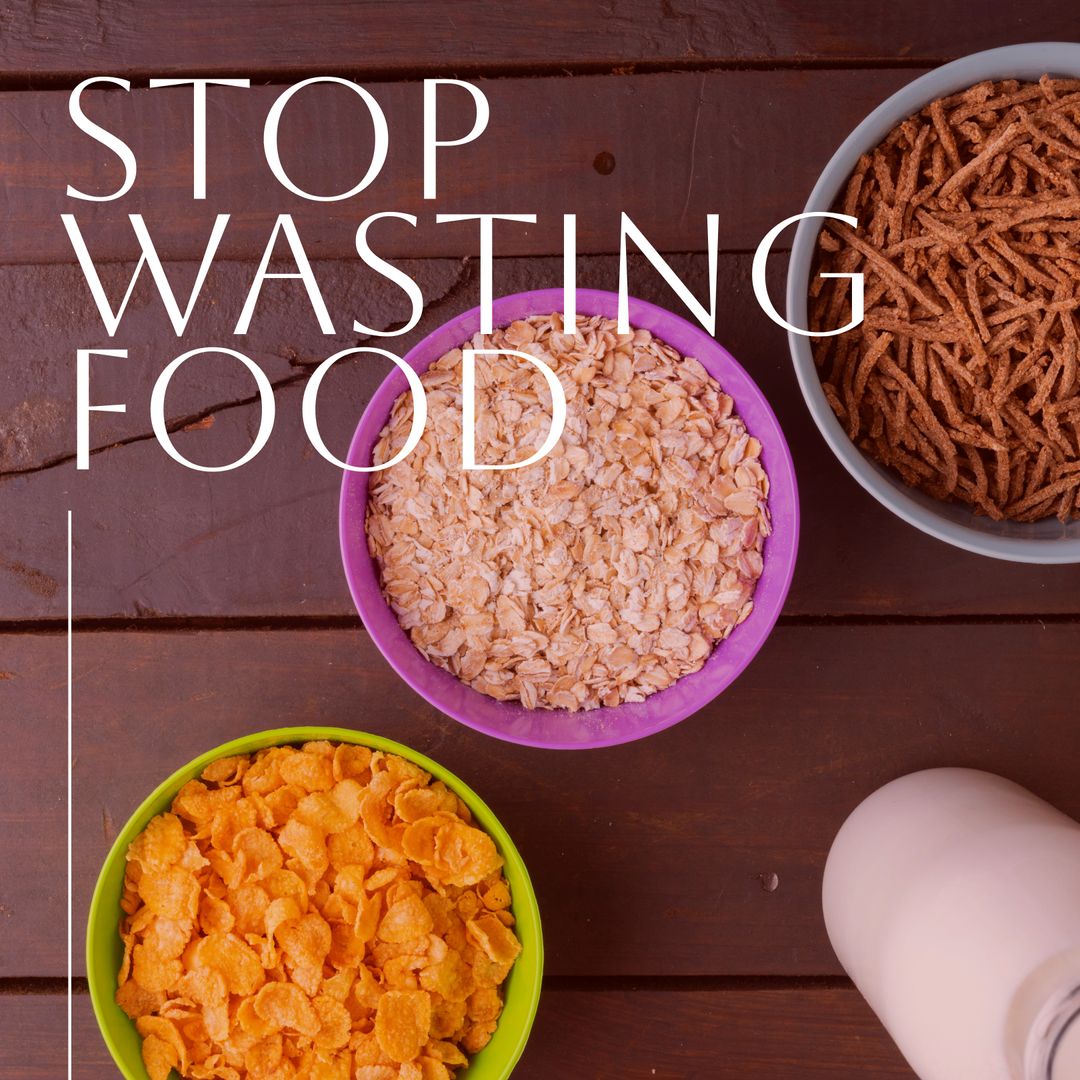 Stop Food Waste Awareness with Breakfast Cereals and Milk Message
