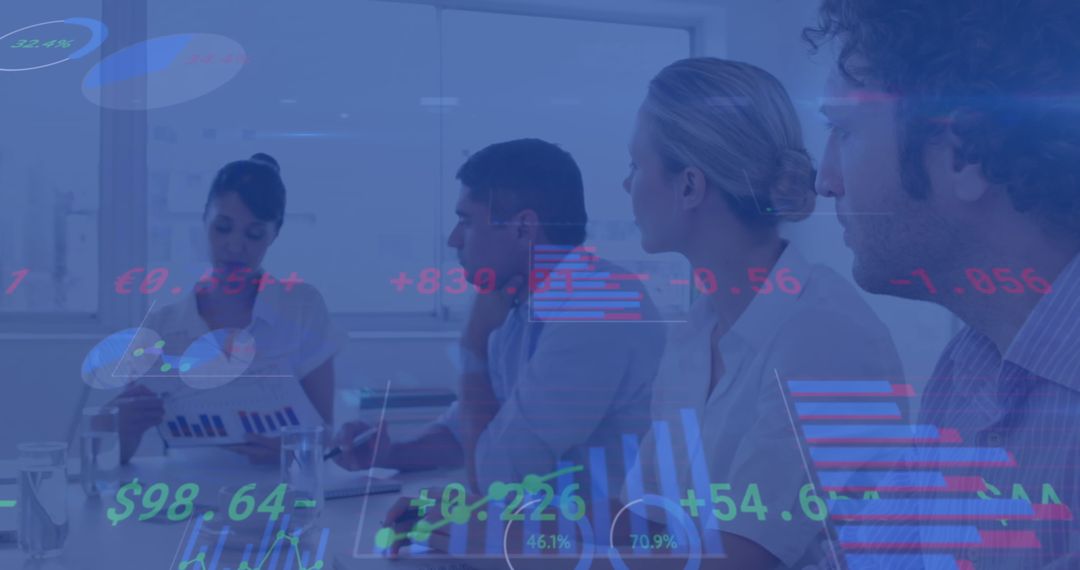 Financial Analysis Meeting with Diverse Team and Market Data Overlay