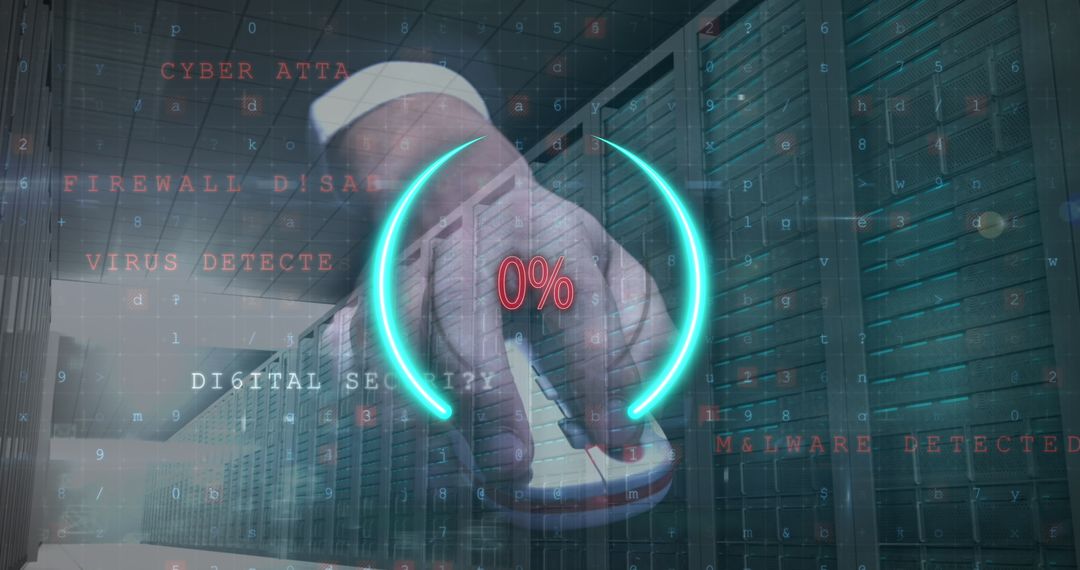 Hand on Computer Mouse in Server Room with Data Security Overlay