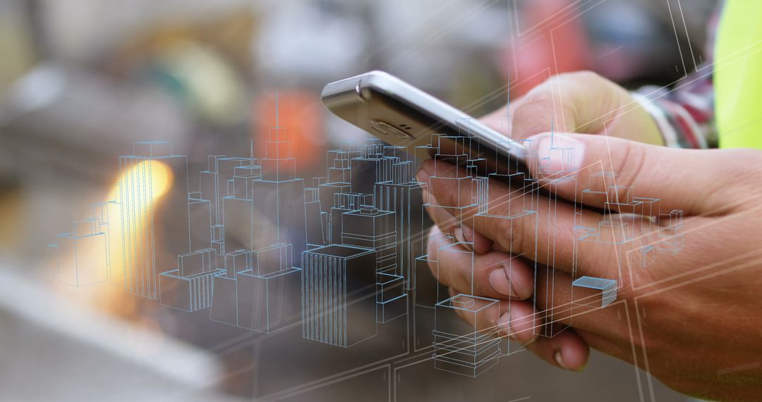 Hands Using Smartphone with Futuristic Data Hologram Concept