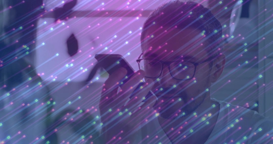 Man Using Smartphone with Digital Overlay, Futuristic Technology Concept