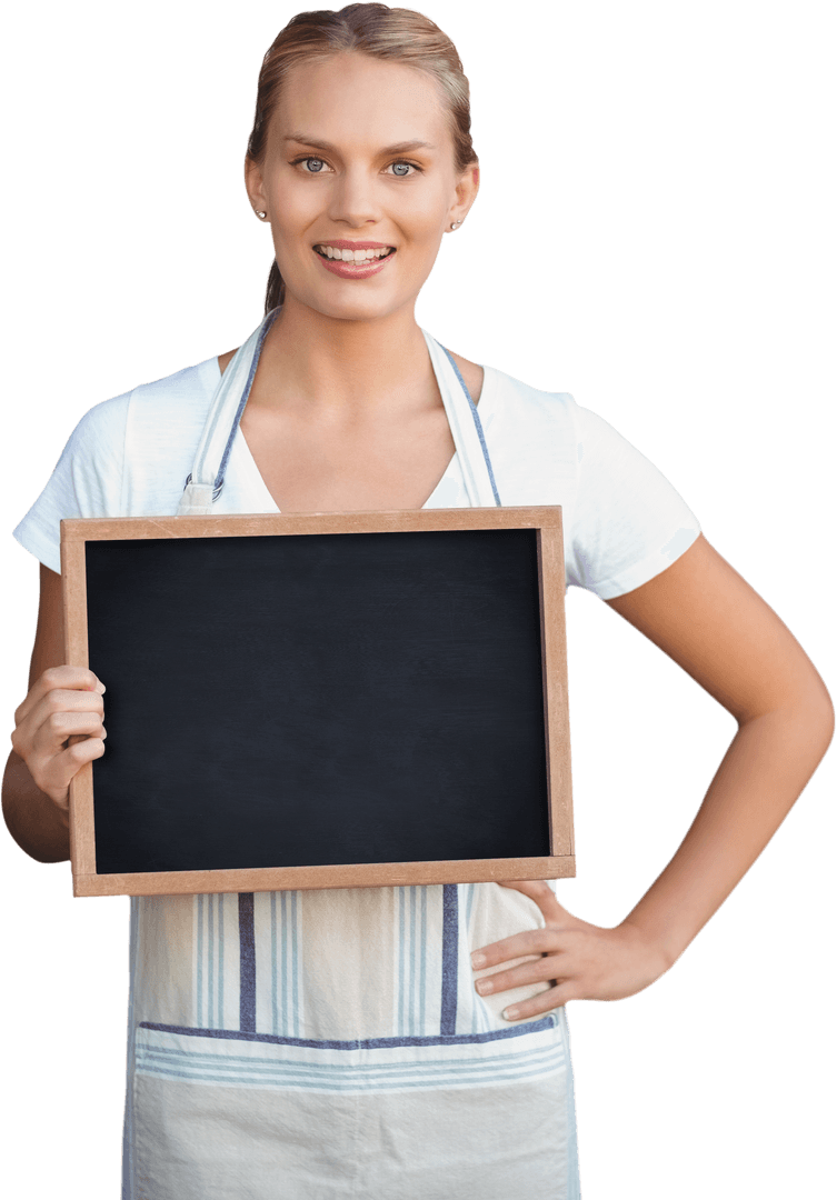 Smiling Woman Holding Transparent Chalkboard, Background Removed