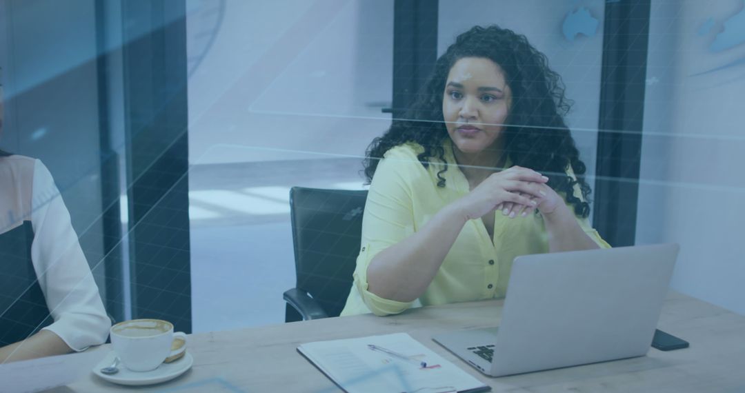 Diverse Business Team Collaborating with Digital Overlay in Modern Office