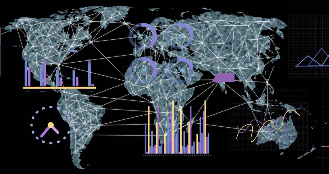 Digital Data Processing Overlaid on Global Map Illustration