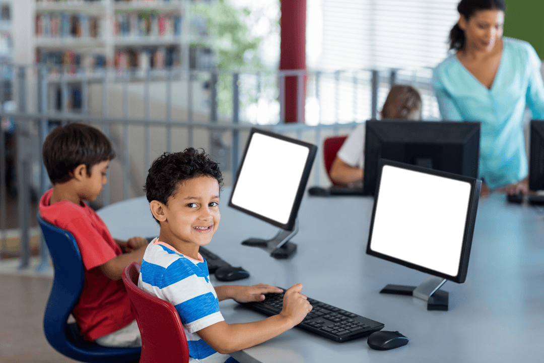 Transparent Smiling Multiethnic Schoolboy in Modern Classroom