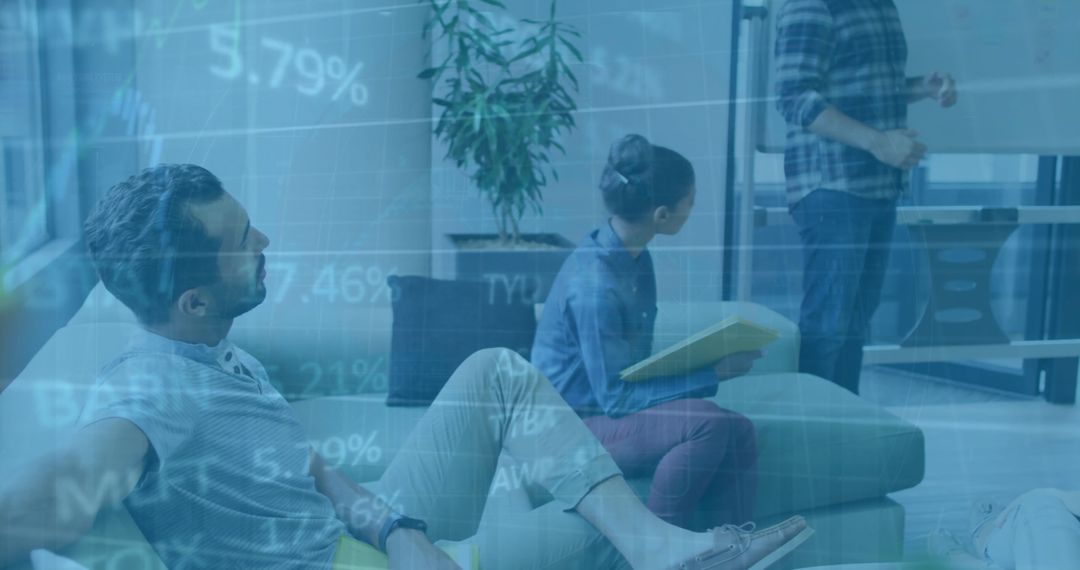 Diverse Team Collaborating on Project with Data Overlay