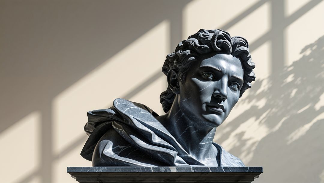Ai-generated marble lucifer bust in gallery setting with dramatic shadows