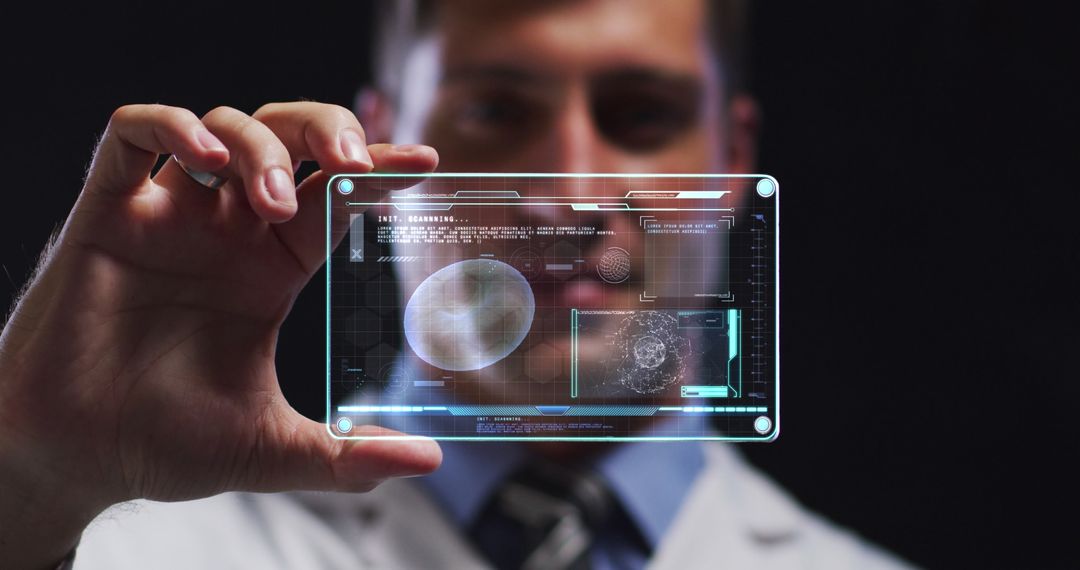 Male Scientist Analyzing Holographic Medical Data Screen
