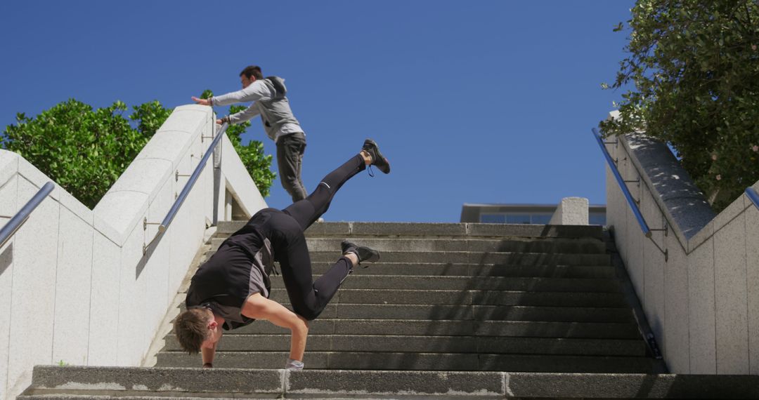 Two Athletes Training Parkour on Urban Stairs in Daylight - Free Images, Stock Photos and Pictures on Pikwizard.com