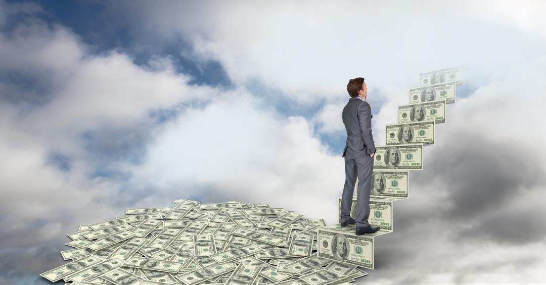 Digital composite image of businessman on money steps in sky - Free Images, Stock Photos and Pictures on Pikwizard.com