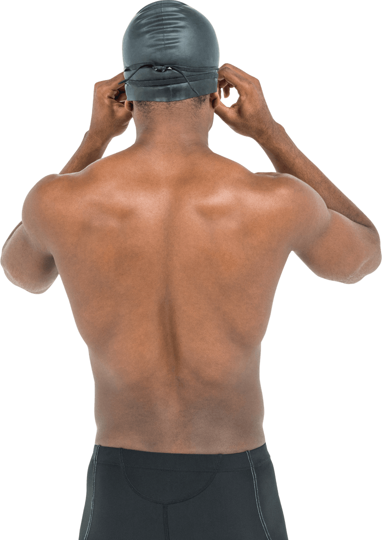 Transparent Back View of Swimmer Adjusting Swim Cap and Goggles