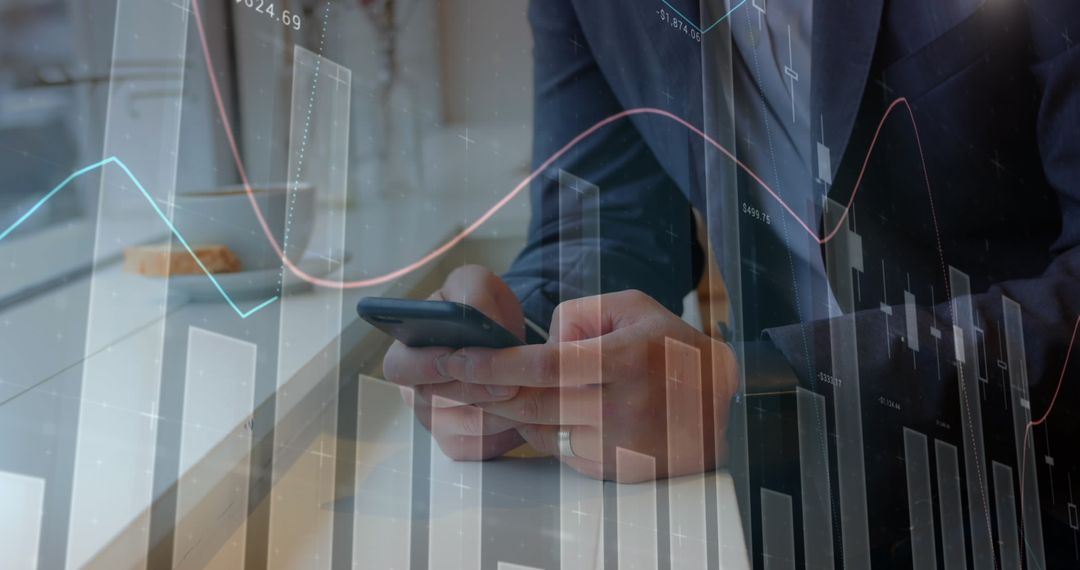 Businessman Using Smartphone with Data Analytics Overlay