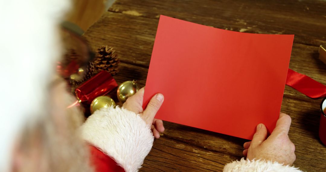 Santa Claus Holding Blank Red Paper at Wooden Table with Christmas Decorations - Free Images, Stock Photos and Pictures on Pikwizard.com