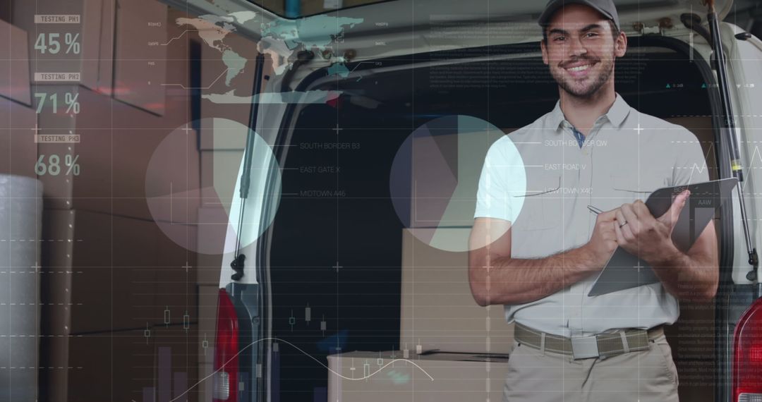 Smiling Delivery Man Checking Stock with Statistical Data Overlay