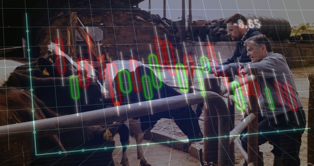 Farmers Analyzing Dairy Market Trends with Data Insights Overlay