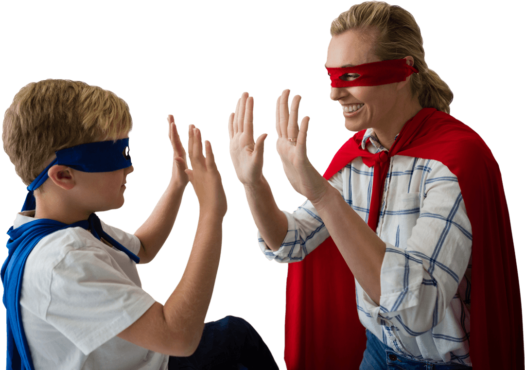Transparent Image of Happy Mother and Son Pretending as Superheroes