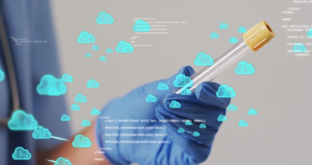 Gloved Hand Holding Test Tube with Cloud and Data Processing Icons