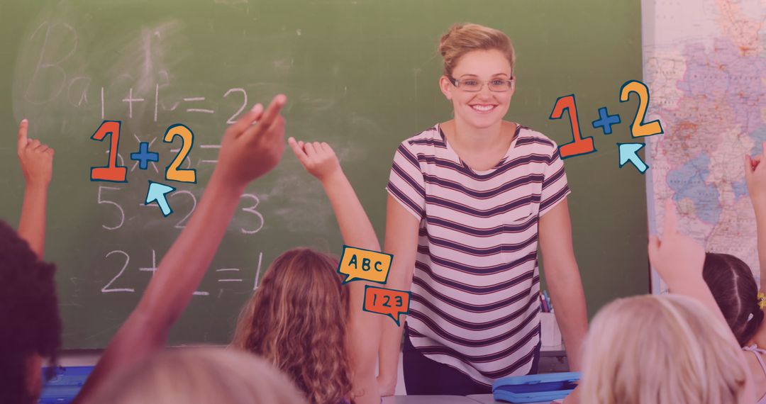 Happy Teacher Engaging with Diverse Classroom of Enthusiastic Students