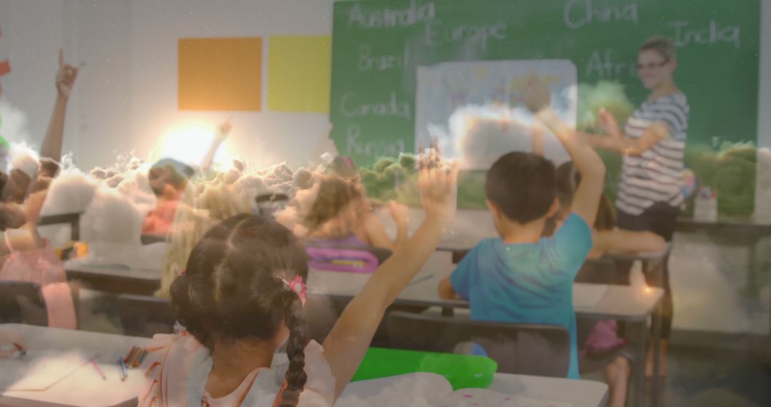 Digital composite of Caucasian female teacher asking students questions in classroom - Free Images, Stock Photos and Pictures on Pikwizard.com