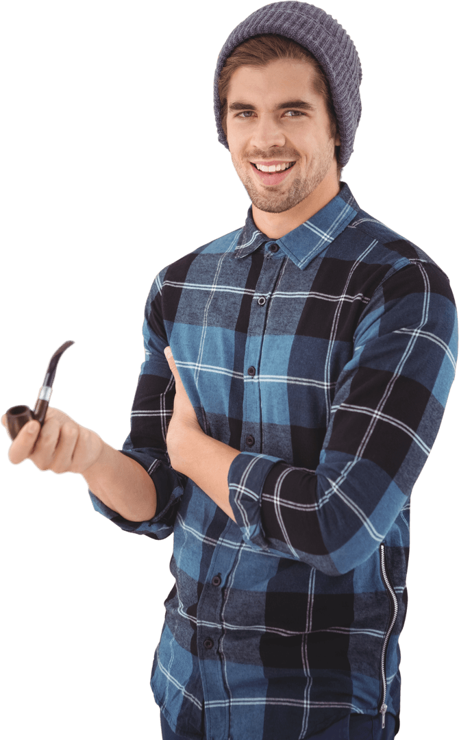 Smiling Man Wearing Checkered Shirt Holding Pipe with Confidence