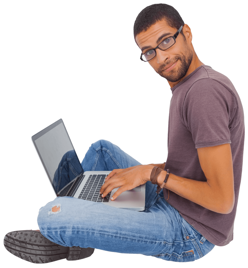 Transparent Man With Glasses Using Laptop while Sitting on Floor
