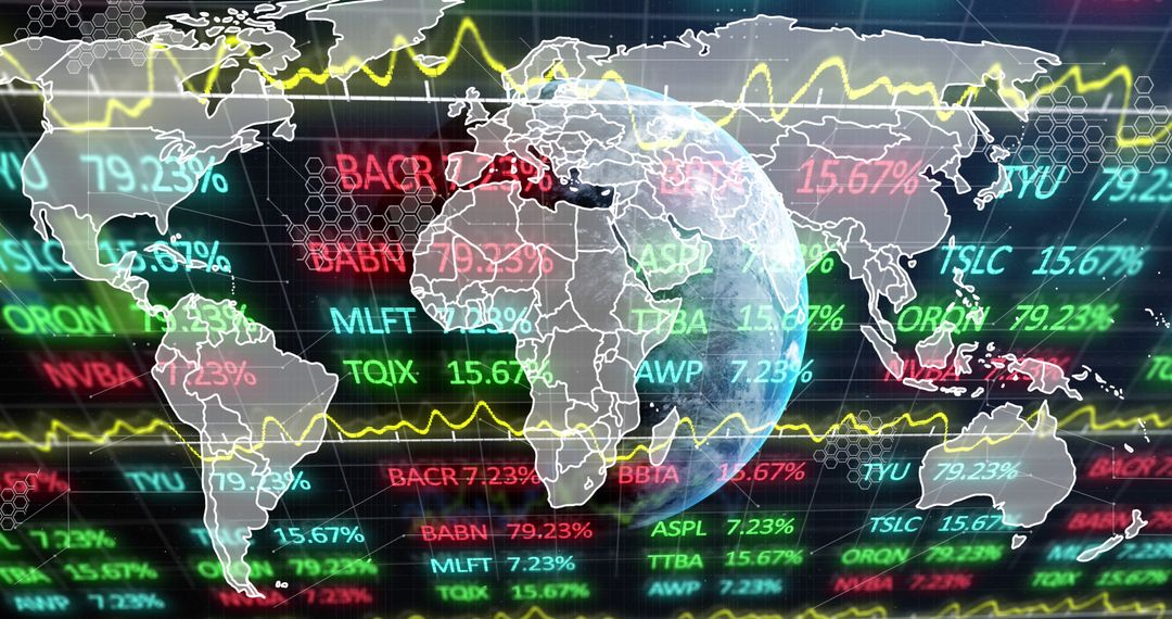 Global Stock Market Data with World Map and Digital Interface